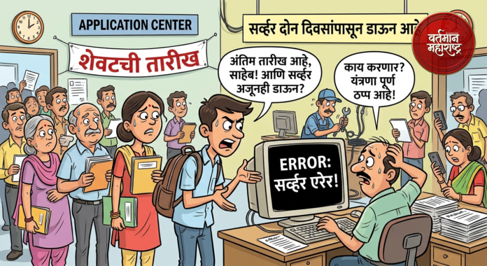 pik-vima-server-down-maharashtra.png पीक विमा भरण्याच्या अंतिम तारखेला 'सर्व्हर डाऊन' (Server Error) असल्यामुळे अर्ज केंद्रावर हवालदिल झालेले शेतकरी आणि त्रस्त कर्मचारी दर्शवणारे प्रातिनिधिक व्यंगचित्र.